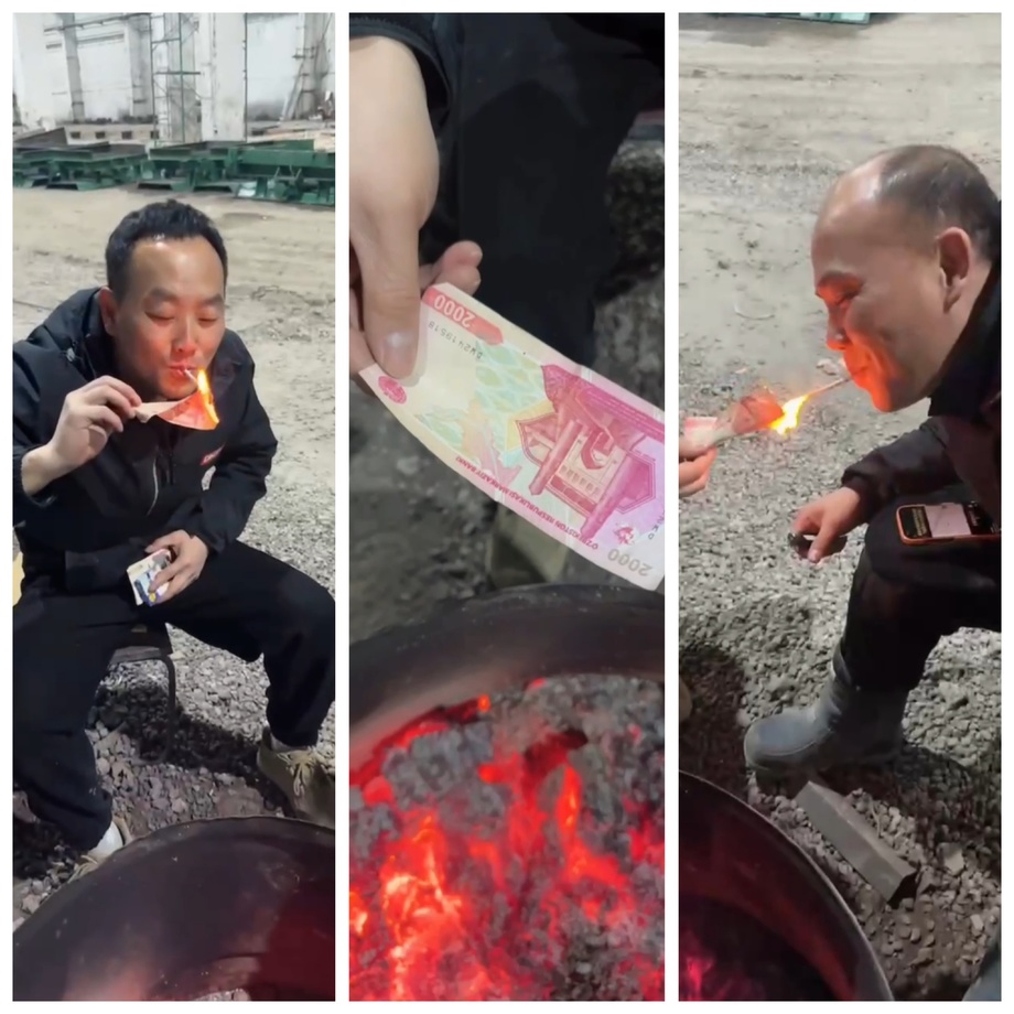 Иностранцы сожгли узбекский сум и прикуривали к огню сигарету